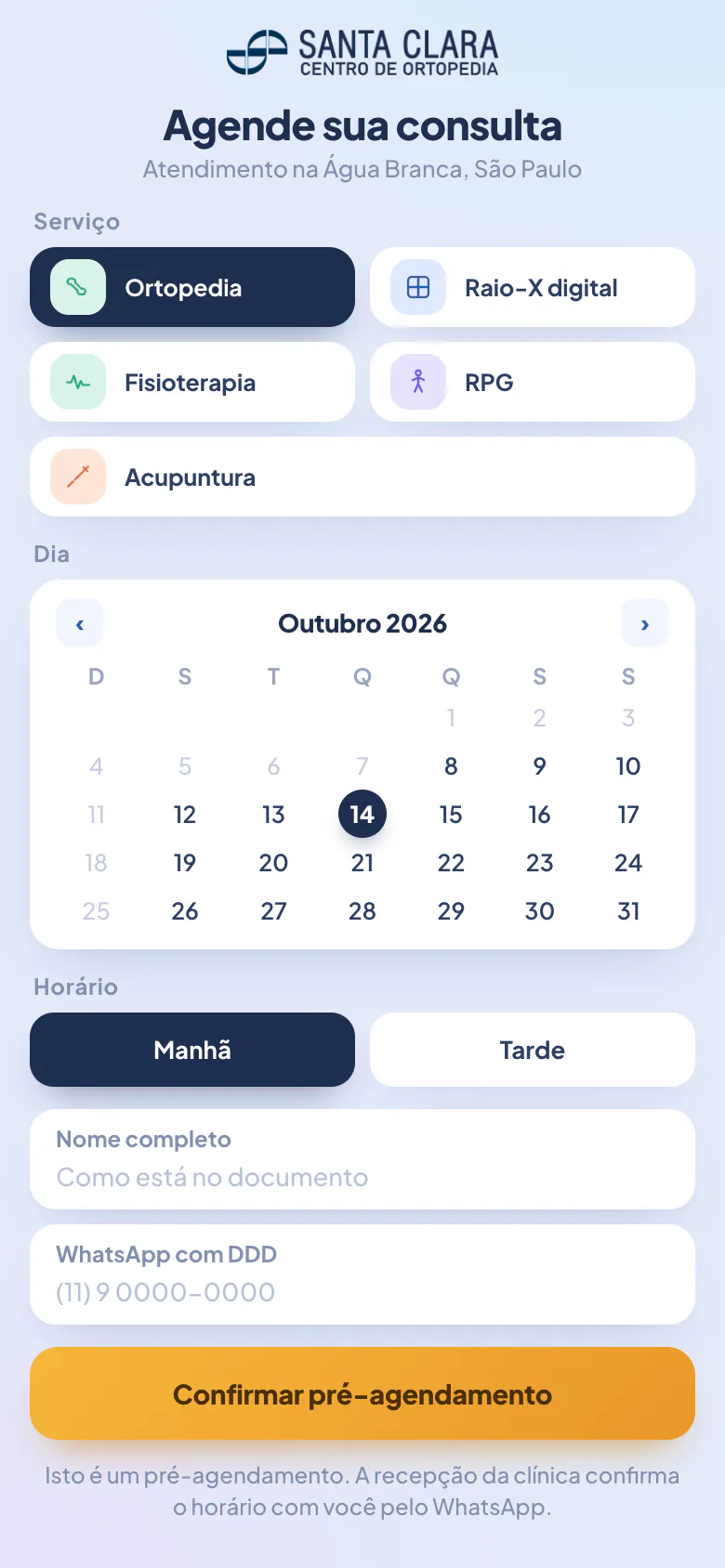 Projeção da página de pré-agendamento aberta pelo link da bio, com escolha de serviço, dia, turno, nome e WhatsApp