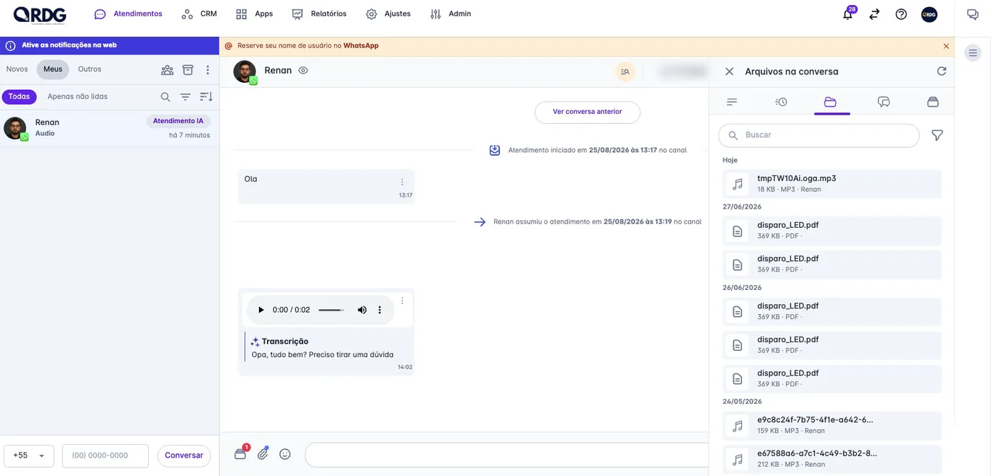 Lista de arquivos trocados na conversa, separados por data, com tipo e tamanho