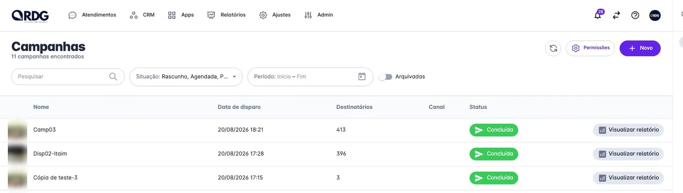 Lista de campanhas de disparo com data, destinatários, canal, situação e relatório