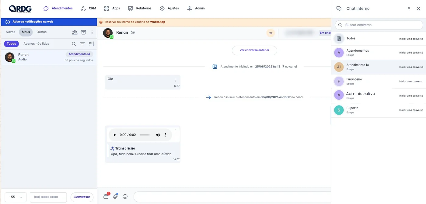 Chat interno do CRM com as equipes Agendamentos, Atendimento IA, Financeiro, Administrativo e Suporte