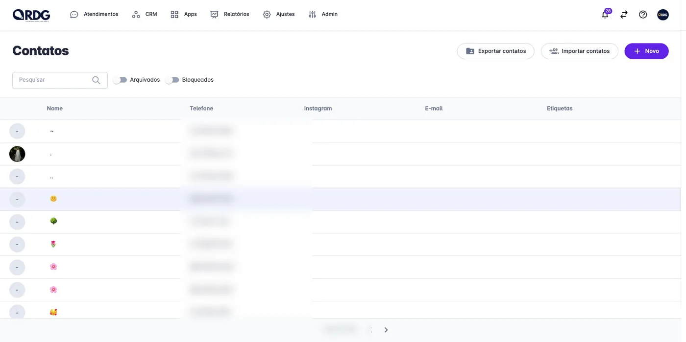 Base de contatos com nome, telefone borrado, Instagram, e-mail e etiquetas