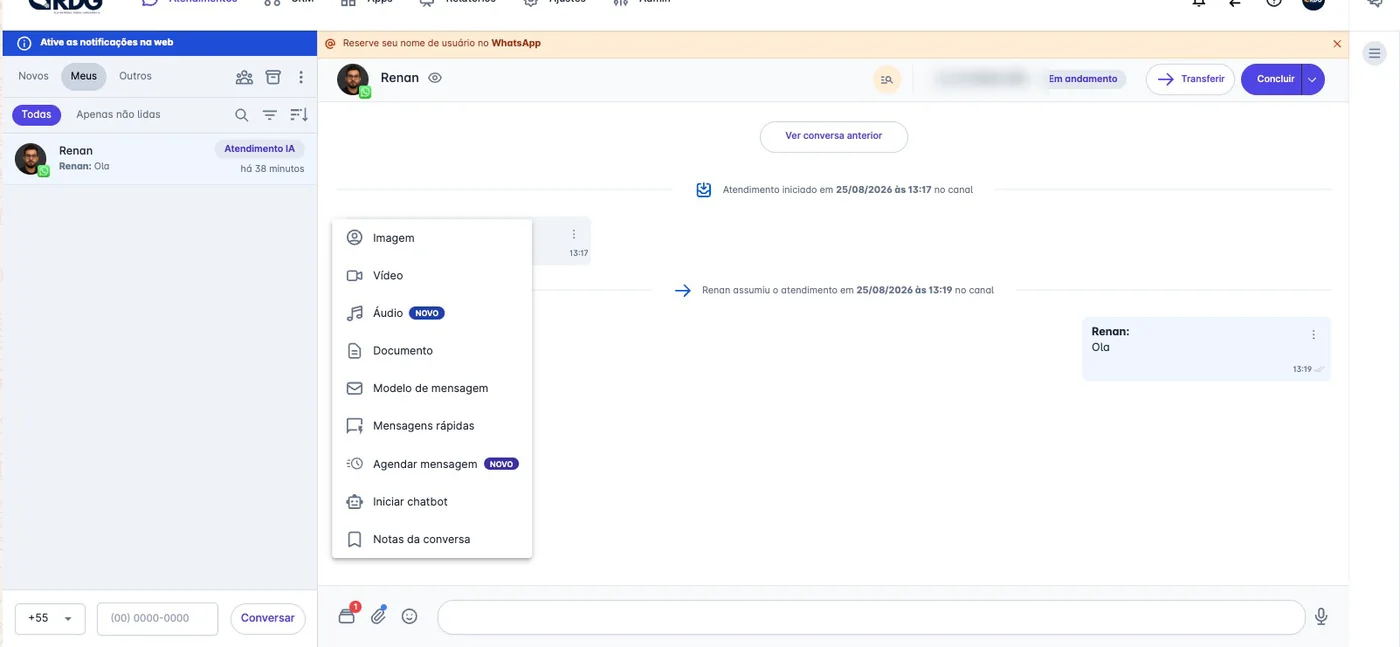 Menu de envio com imagem, vídeo, áudio, documento, modelo de mensagem, mensagens rápidas, agendar mensagem, iniciar chatbot e notas da conversa